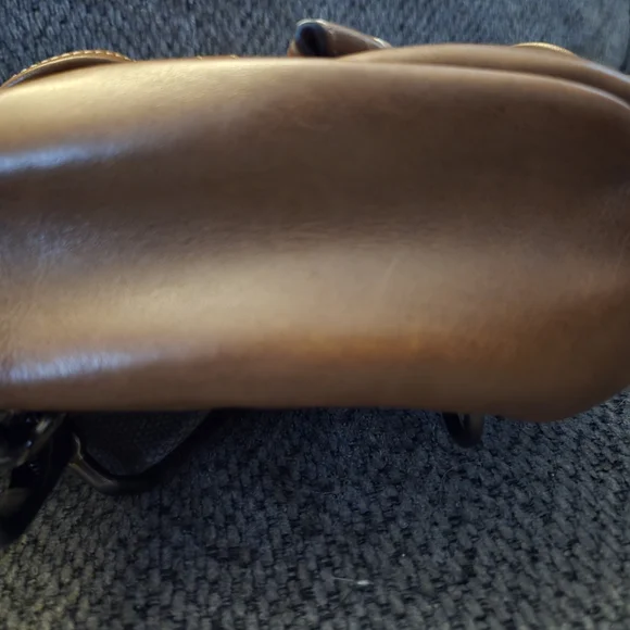 Coach Brown Leather Messenger Bag with Yellow Top and Red-Orange Stripe - Picture 7 of 8